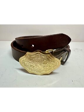 Classic Western Buffalo Leather Brown Belt Scalloped Gold-Tone Buckle Size 32